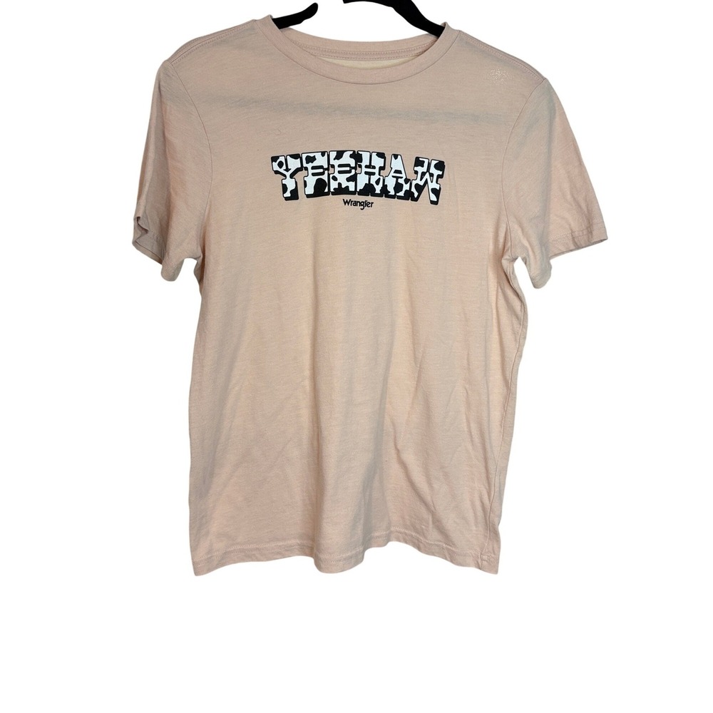Wrangler Yeehaw Graphic T-Shirt Small Peach Cow Print Western Tee